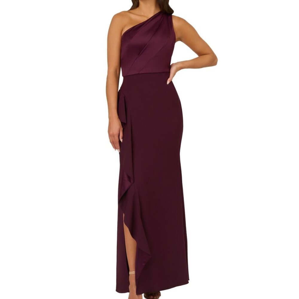 Adrianna Papell One-Shoulder Burgundy Maxi Dress